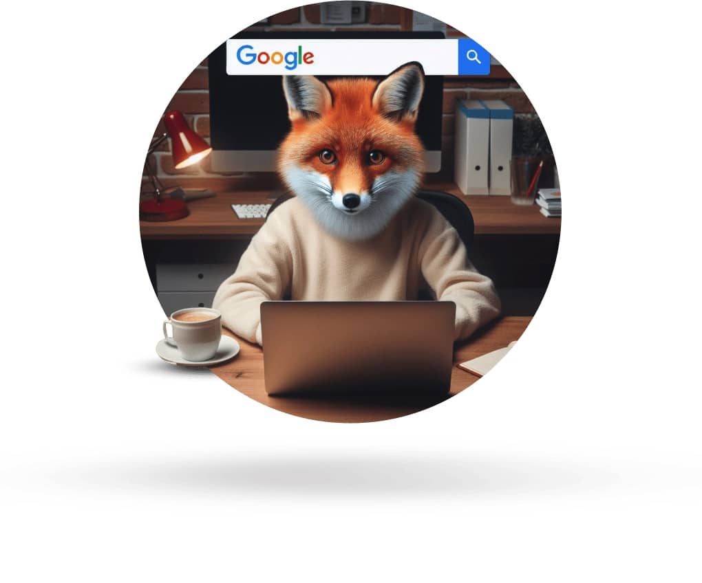 fox working on laptop with the google logo behind them