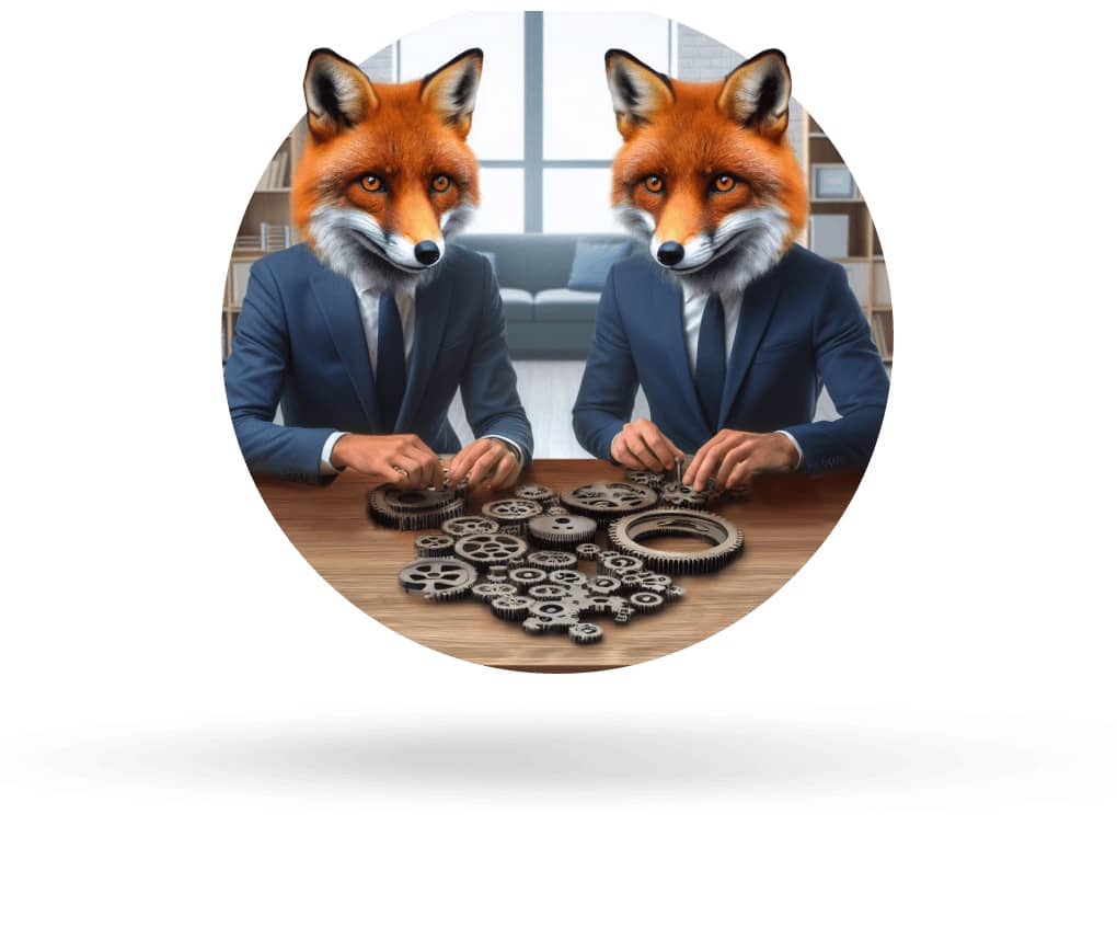 Foxes arranging cogs on a table